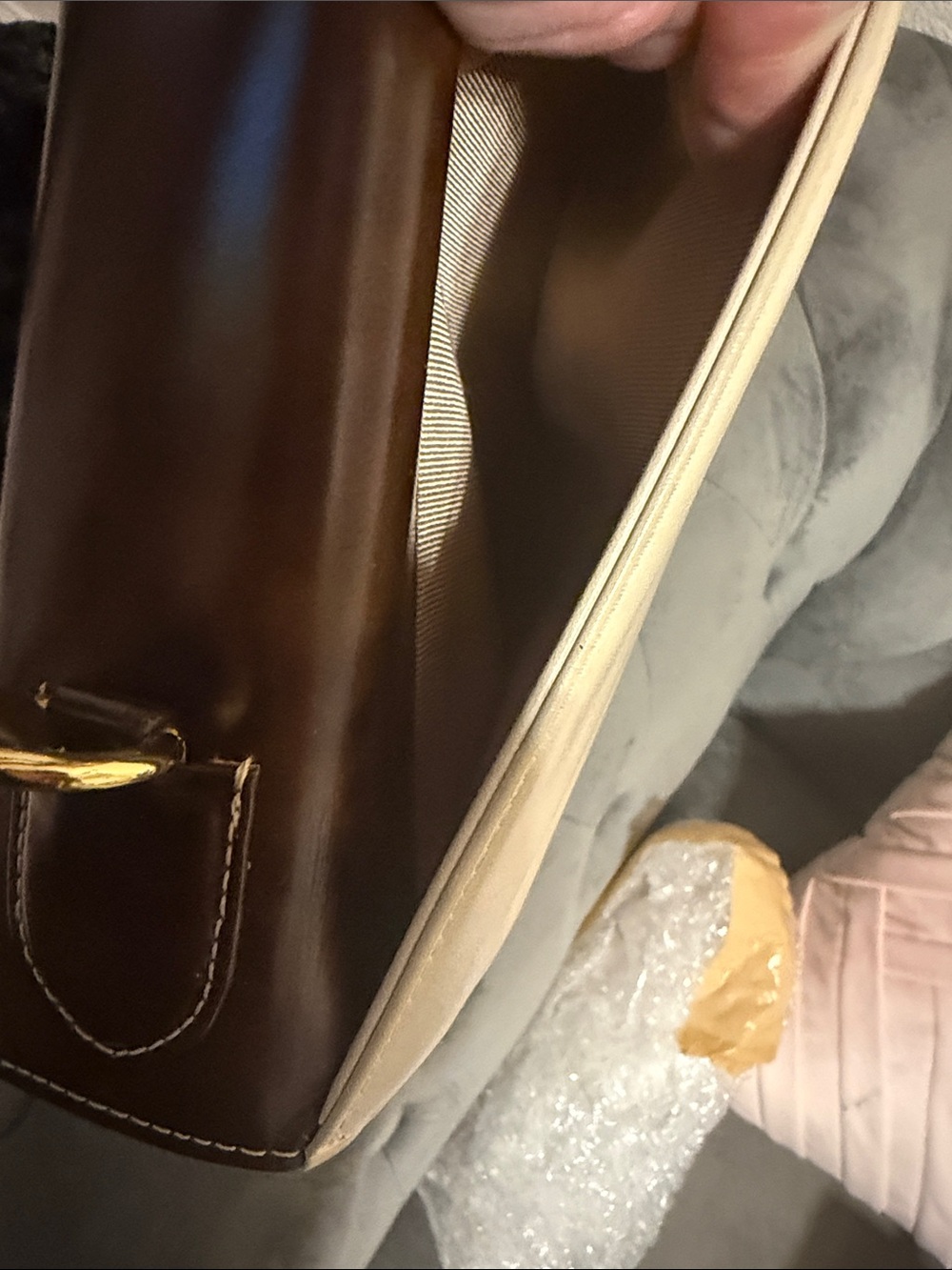 Valentino Garavani Two-Tone Cream and Dark Brown Leather Top-Handle Satchel - Picture 9 of 11